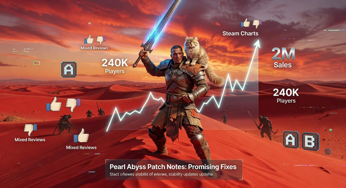 Illustration depicting Crimson Desert's 2 million sales success amid launch glitches and mixed reviews, with a warrior carrying a cat in a desert scene overlaid with Steam stats.