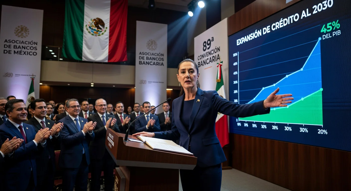 President Sheinbaum unveils credit boost agreement with bankers at 89th Banking Convention, graph shows rise to 45% of GDP.