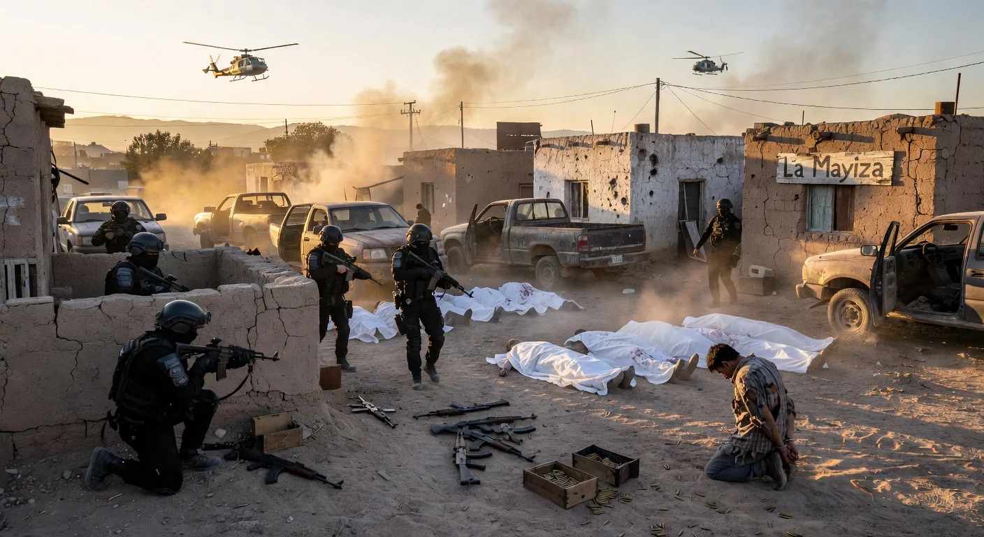 Dramatic illustration of federal forces raiding Sinaloa Cartel properties in El Álamo, killing 11 suspects and seizing weapons amid rural chaos.