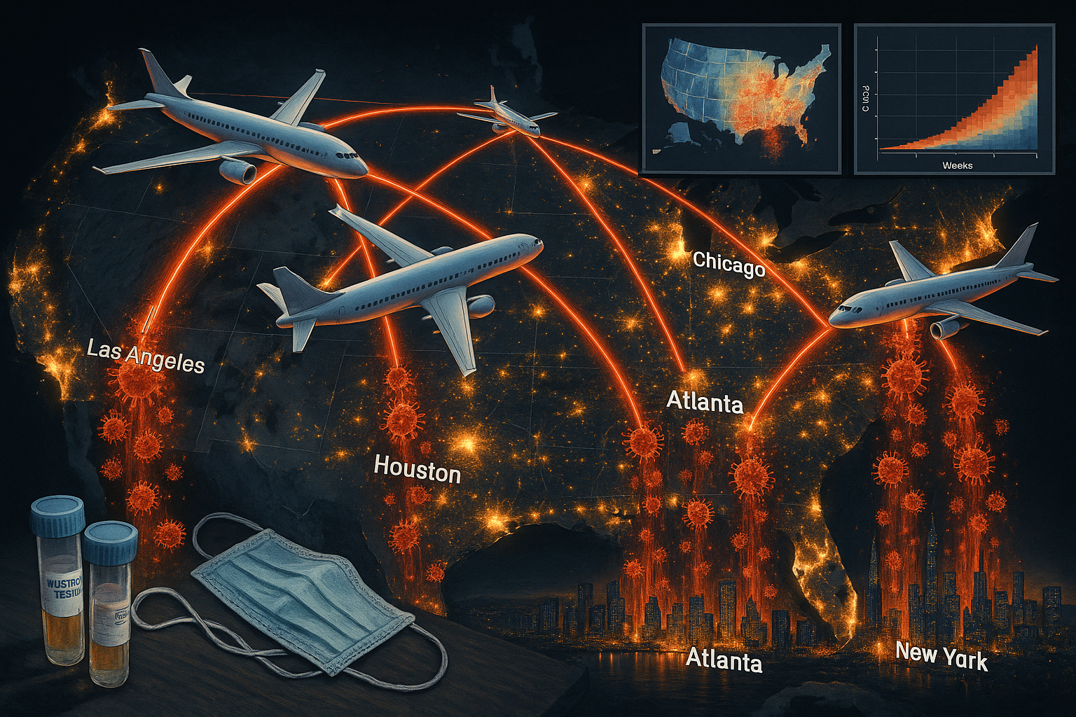 Illustration showing simulated rapid spread of H1N1 and COVID-19 via U.S. air travel across metro areas, highlighting key study findings.