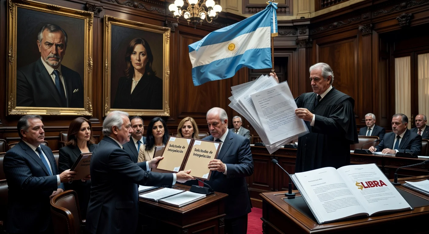 Illustration of Argentine opposition deputies submitting interpellation requests against Adorni and Karina Milei in the $LIBRA case, with Judge Lijo lifting fiscal secrecy.