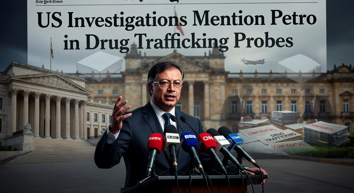 Illustration depicting Colombian President Gustavo Petro denying US drug trafficking investigation links, with symbolic elements and New York Times headline overlay.