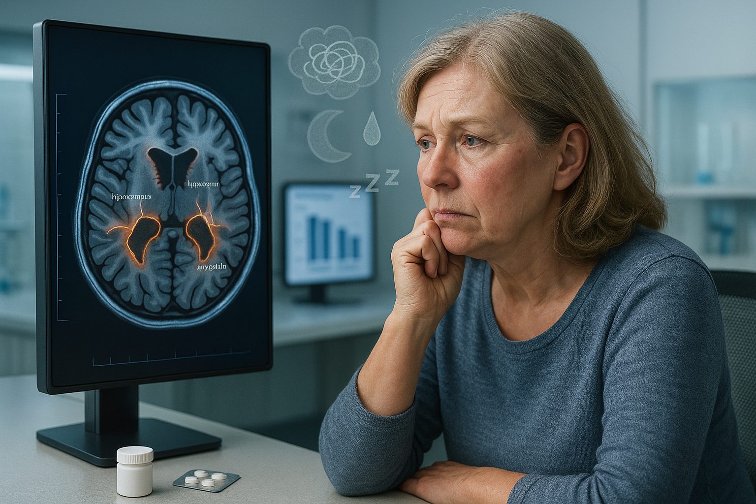 Middle-aged woman viewing MRI brain scan showing menopause-related grey matter reduction in memory and emotion regions, with symbolic anxiety and sleep icons.