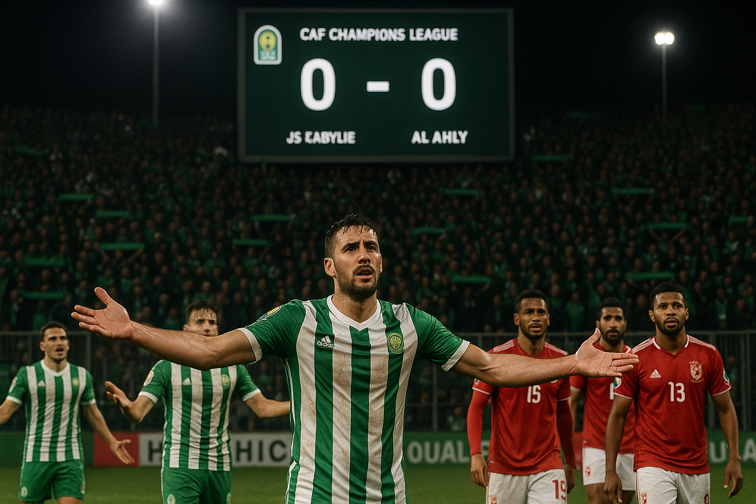 JS Kabylie players and fans react with disappointment to 0-0 draw against Al Ahly in CAF Champions League at Hocine Aït Ahmed Stadium.