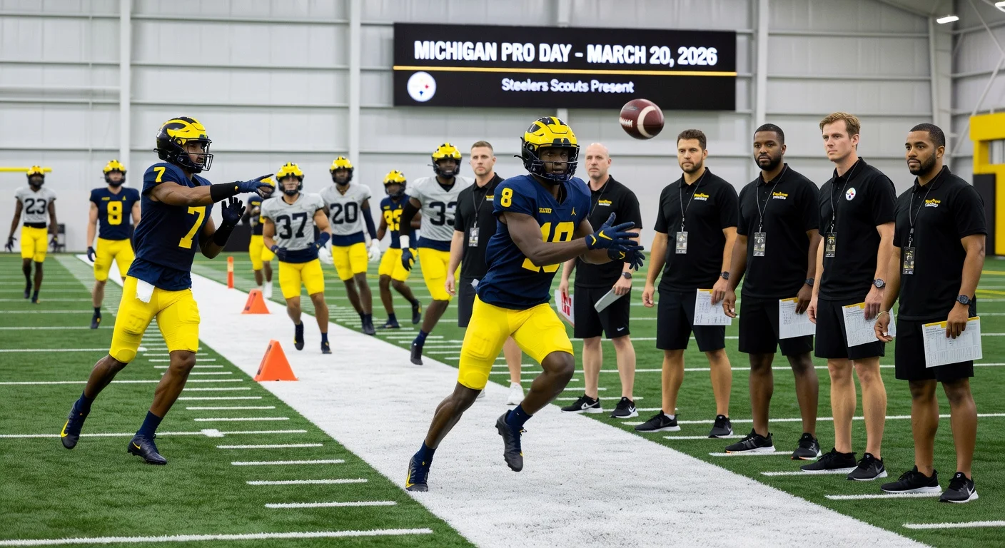 Pittsburgh Steelers scouts evaluating wide receivers and defensive prospects at Michigan Pro Day during 2026 NFL Draft preparations.