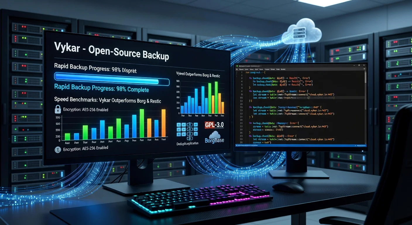 Realistic depiction of Vykar backup tool interface demonstrating superior speed over competitors Borg and Restic, with encryption and deduplication features.