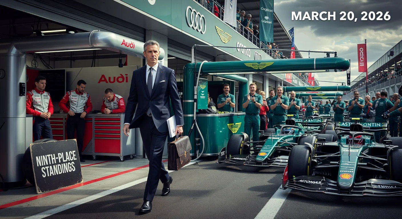 Illustration of Jonathan Wheatley leaving Audi F1 team for Aston Martin amid 2026 season struggles.