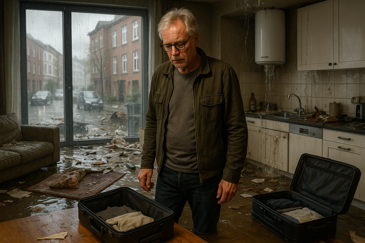 Reinhold Beckmann packing suitcases in his water-damaged Hamburg apartment after boiler explosion.