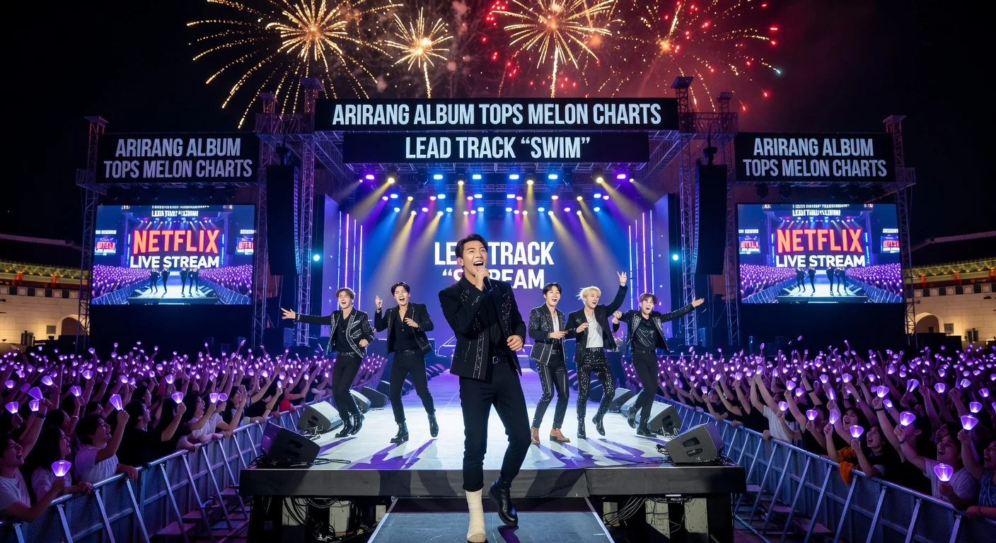 BTS performing at Gwanghwamun Square comeback concert, RM with ankle injury, amid 'Arirang' chart success.