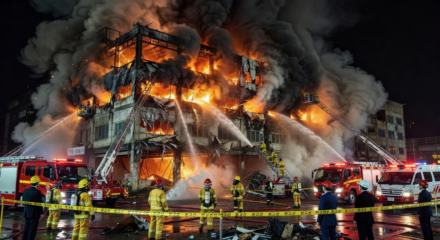 Firefighters battle intense blaze and smoke at collapsed Daejeon auto parts plant, site of deadly fire killing 10.