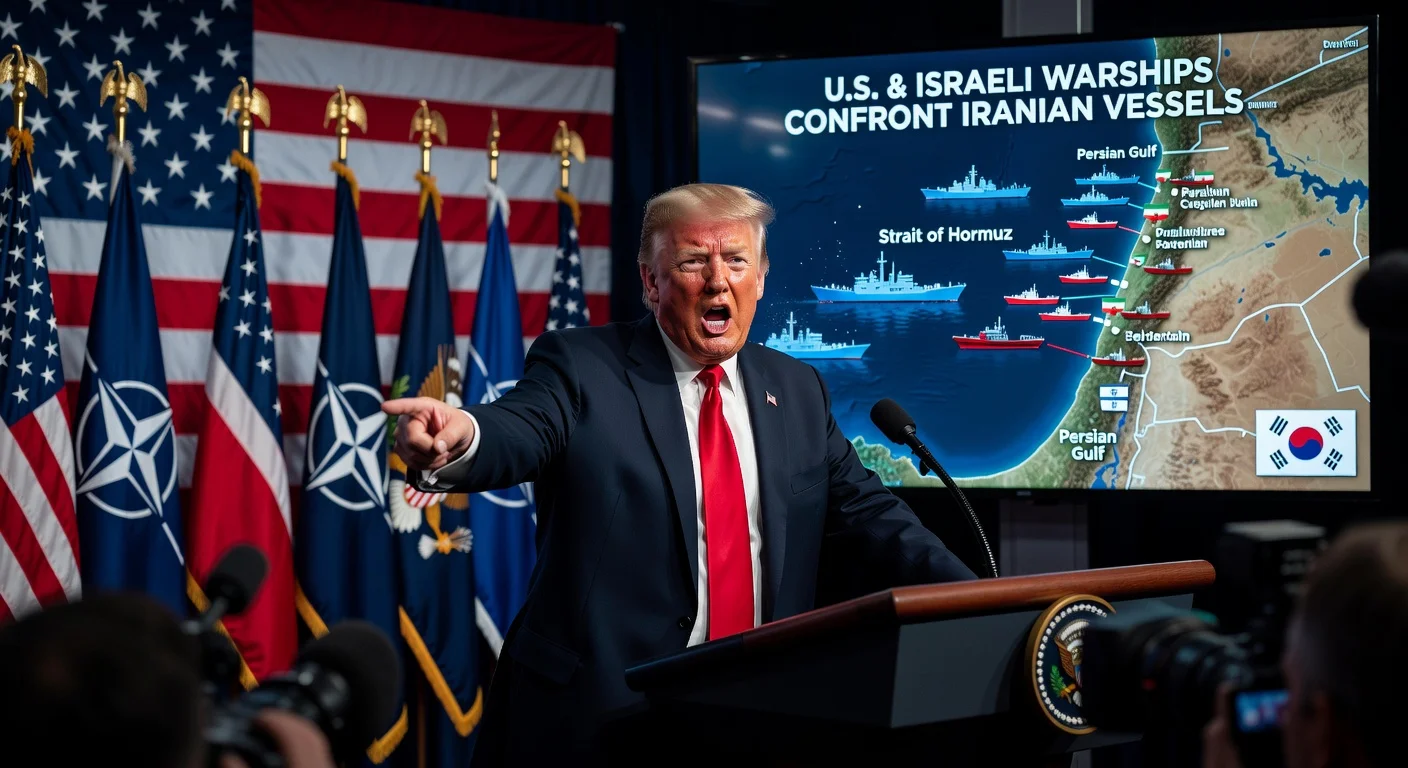 President Trump angrily calls NATO 'cowards' at podium over Strait of Hormuz security amid U.S.-Israel-Iran conflict.