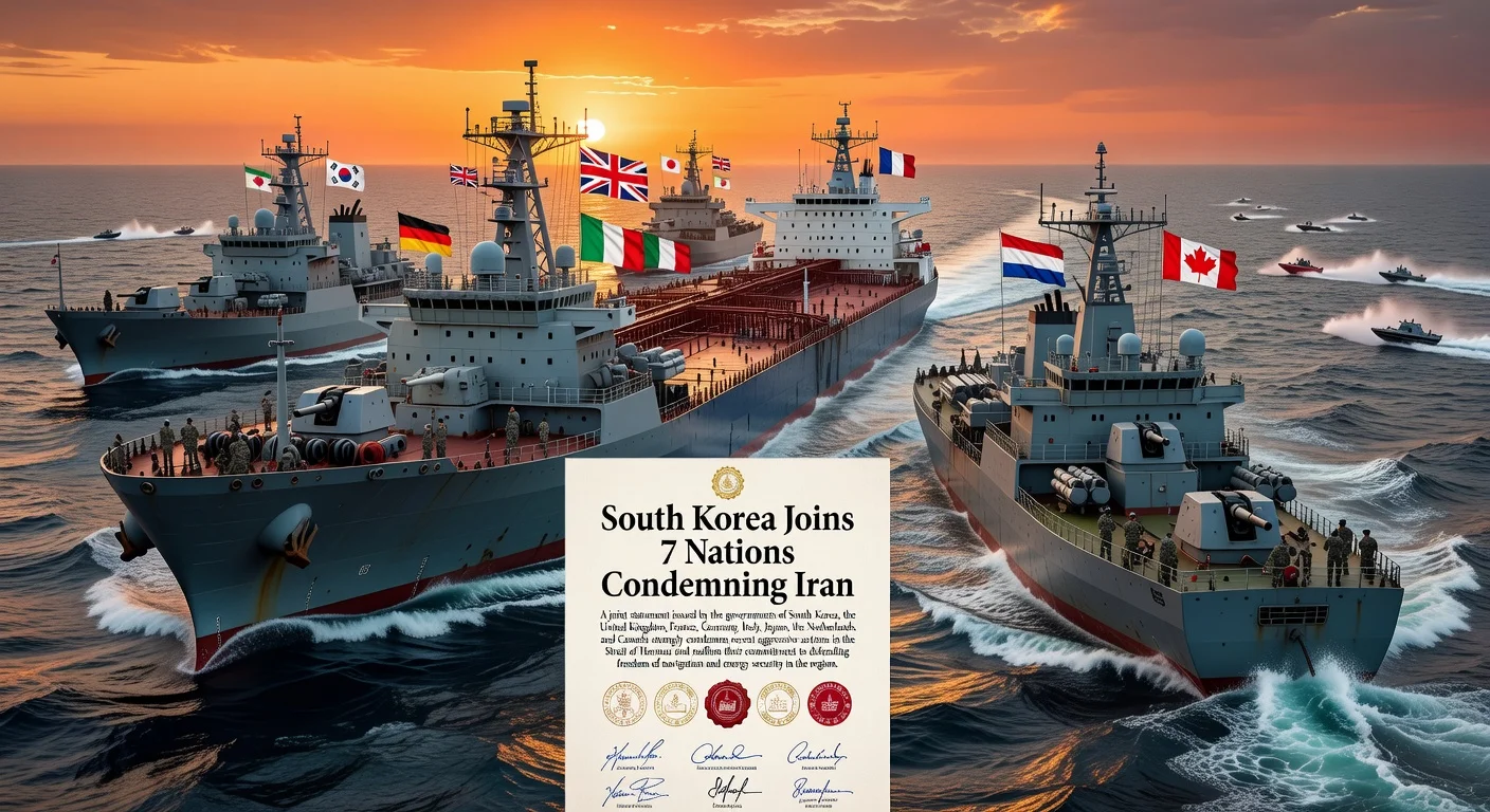 Illustration of South Korean and allied warships patrolling the Strait of Hormuz, symbolizing joint international statement against Iran's actions threatening navigation and energy supplies.