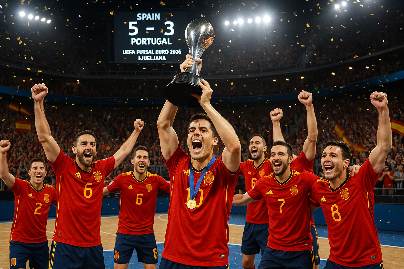 Spain futsal players celebrate 5-3 win over Portugal in EURO final, hat-trick star Antonio Pérez with trophy.