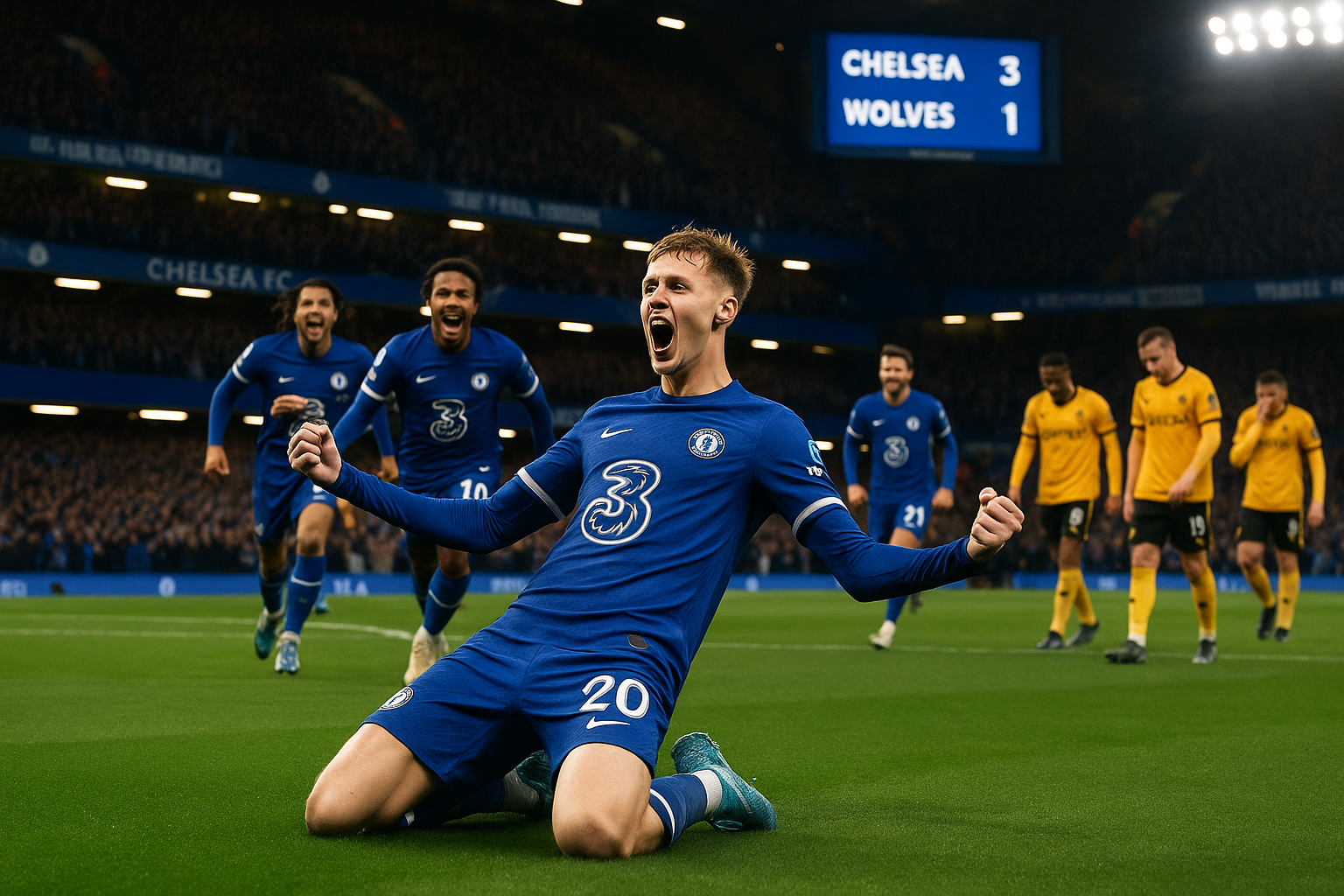 Cole Palmer slides in celebration after his first-half hat-trick goal in Chelsea's 3-1 Premier League win over Wolves.