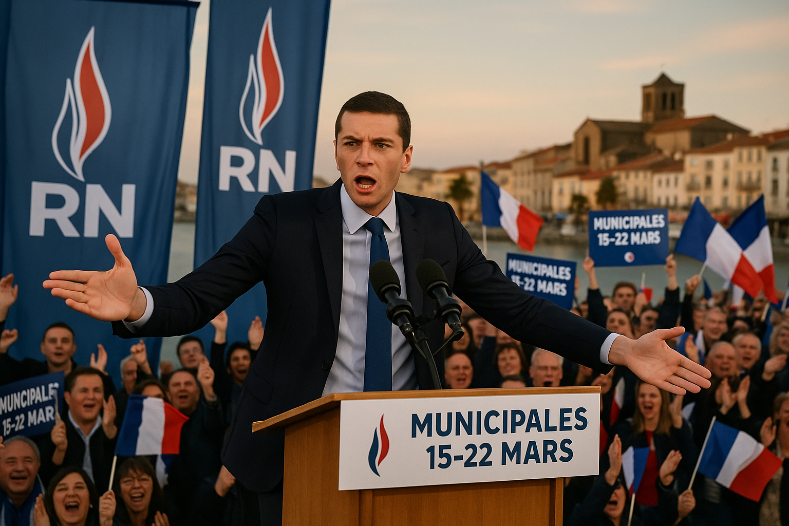 Jordan Bardella speaks energetically at Rassemblement National's municipal campaign launch in Agde, with cheering supporters and party flags.