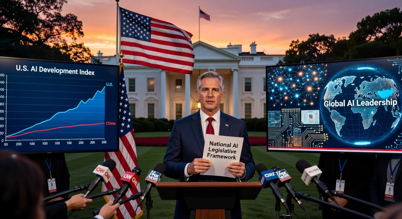White House scene illustrating Trump administration's National AI Legislative Framework unifying rules against China's dominance.