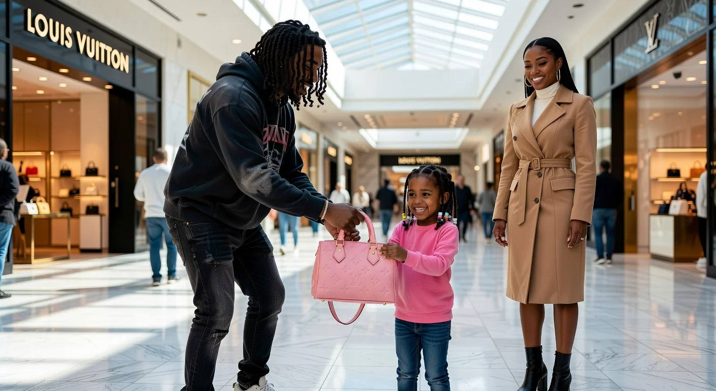 G Herbo surprises daughter Emmy with a pink Louis Vuitton bag as Taina Williams looks on proudly during family shopping.