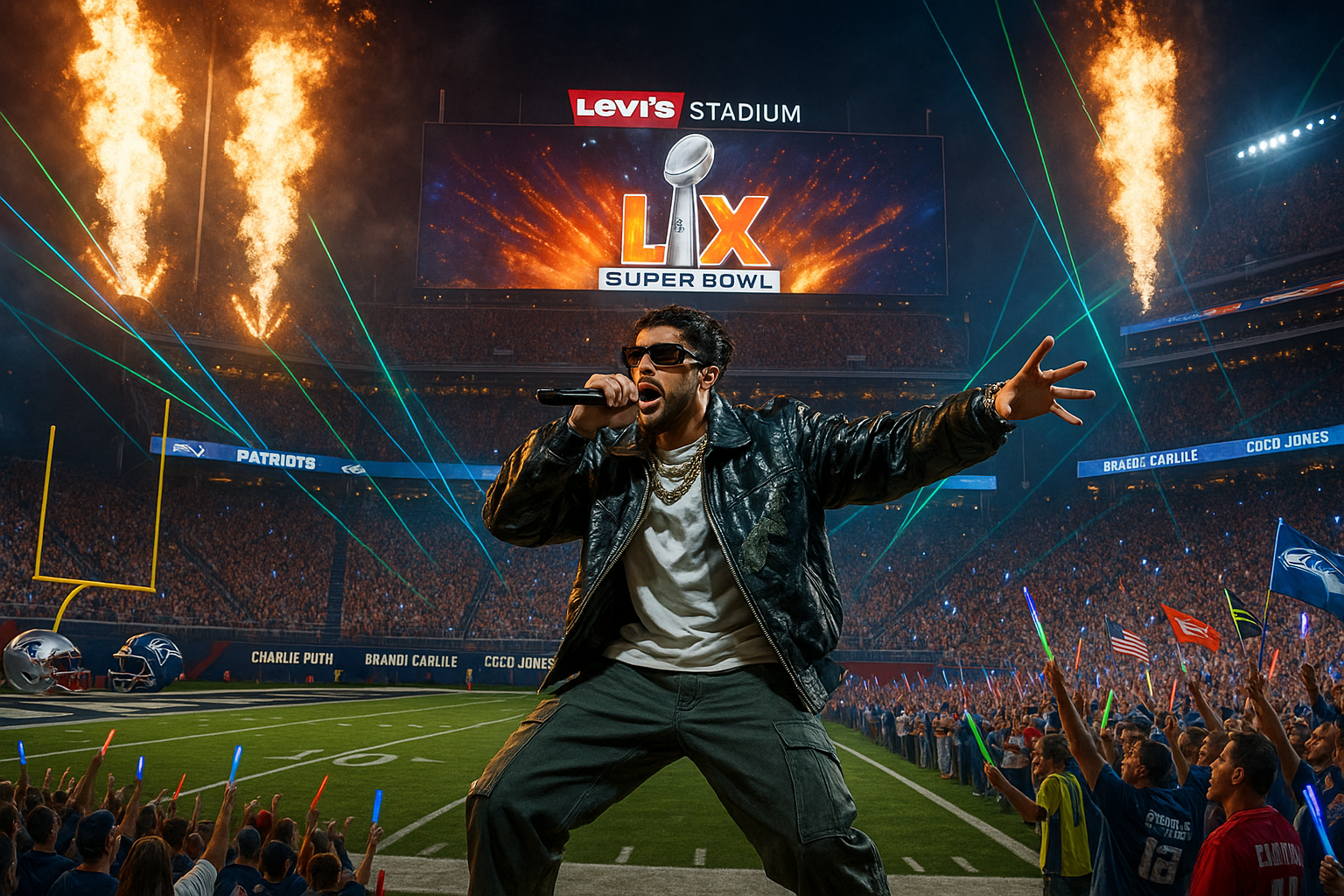 Bad Bunny performing on stage during the Super Bowl 2026 halftime show at Levi's Stadium.