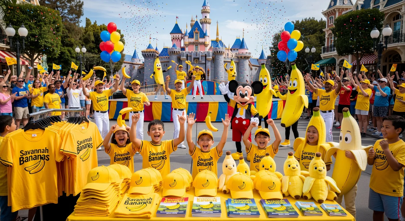 Realistic scene of Savannah Bananas Day festivities at Disneyland, featuring merchandise pop-ups, performers, and crowds near Sleeping Beauty Castle.