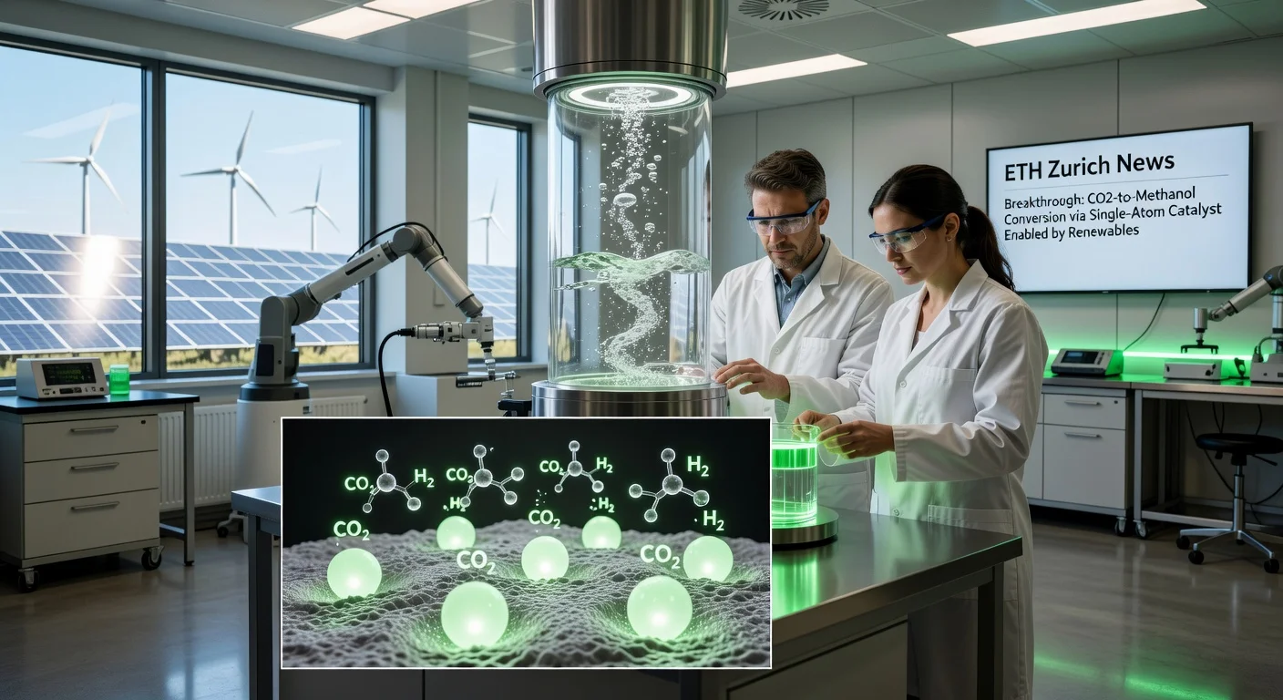 ETH Zurich scientists with single-atom indium catalyst converting CO2 to methanol in a high-tech lab reactor, sustainable energy theme.