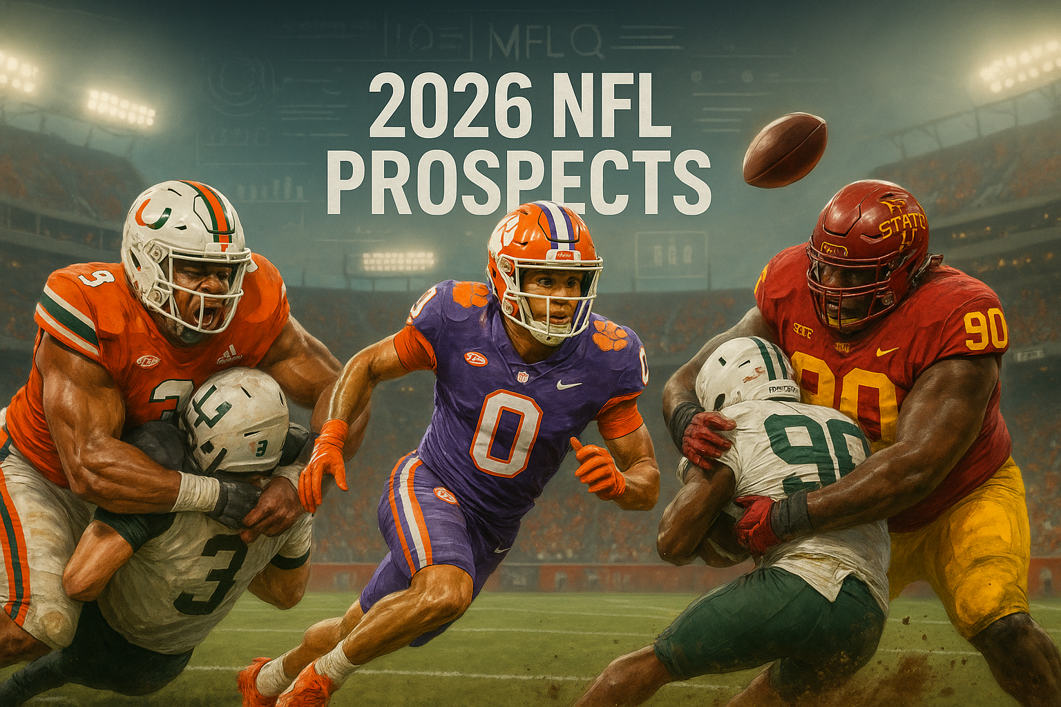 Dynamic photorealistic illustration featuring three top 2026 NFL Draft prospects—Akheem Mesidor (Miami), Antonio Williams (Clemson), and Domonique Orange (Iowa State)—in key action poses for scouting report coverage.