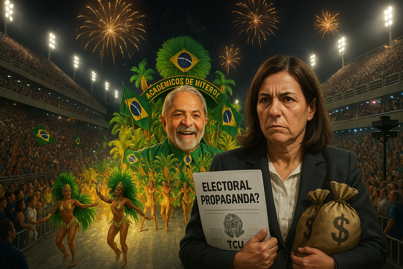 Carnival parade float honoring Lula at Rio Sambadrome, with lawmaker protesting public funding as electoral propaganda.