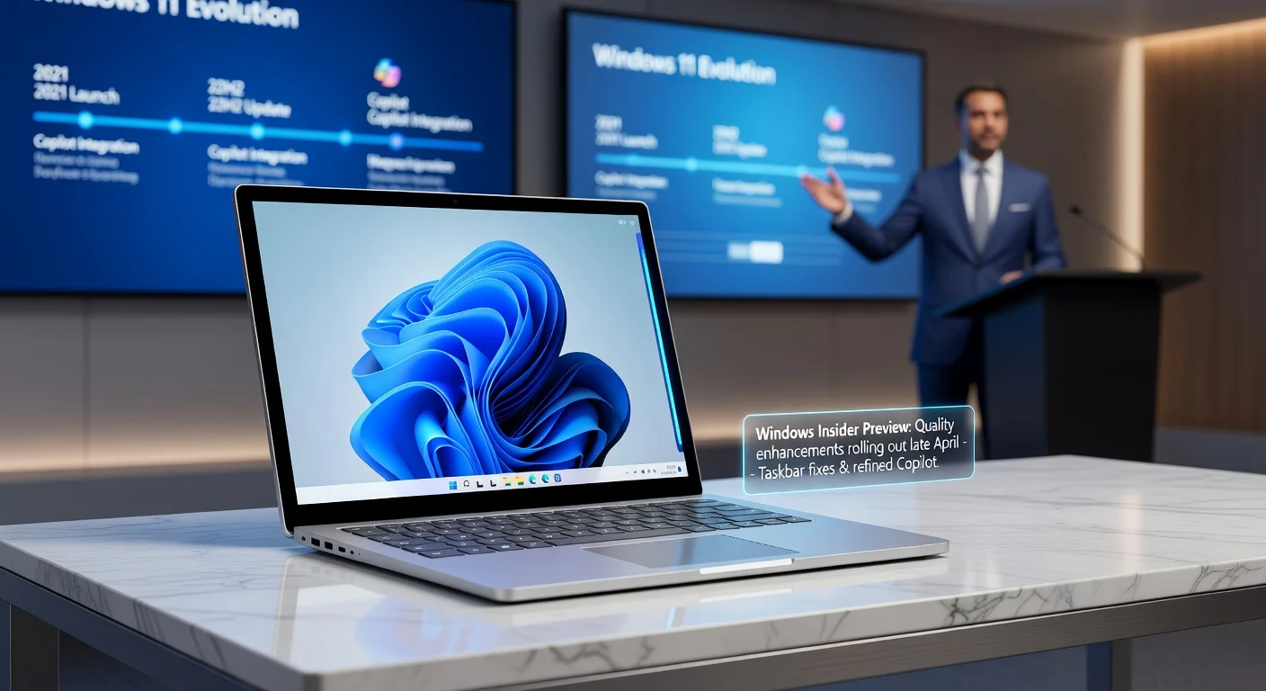 Realistic depiction of Windows 11 quality update announcement featuring improved taskbar, scaled-back Copilot, and Microsoft executive Pavan Davuluri.