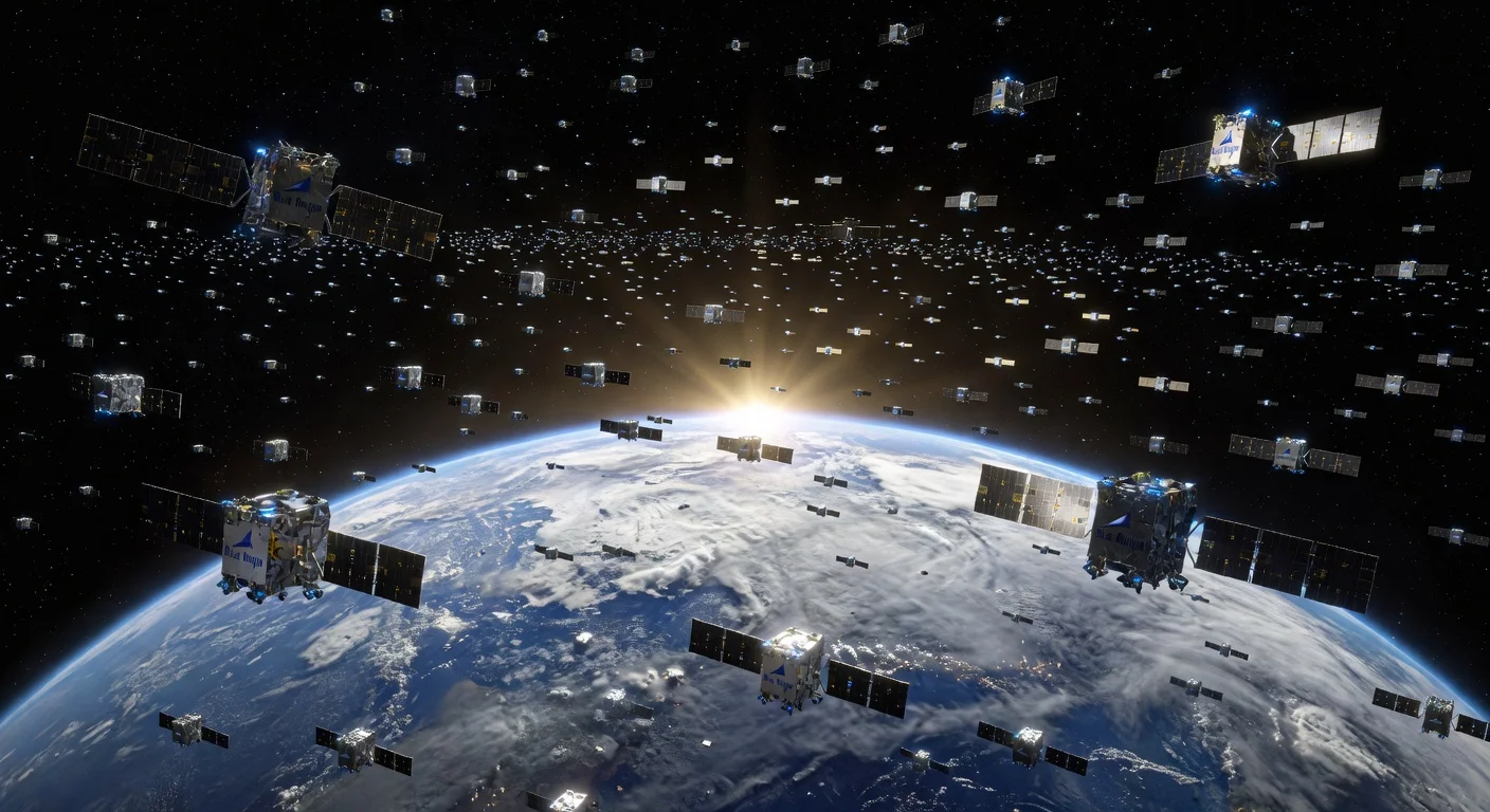 Illustration of Blue Origin's Project Sunrise: 51,600 satellites in Earth orbit as AI data centers.