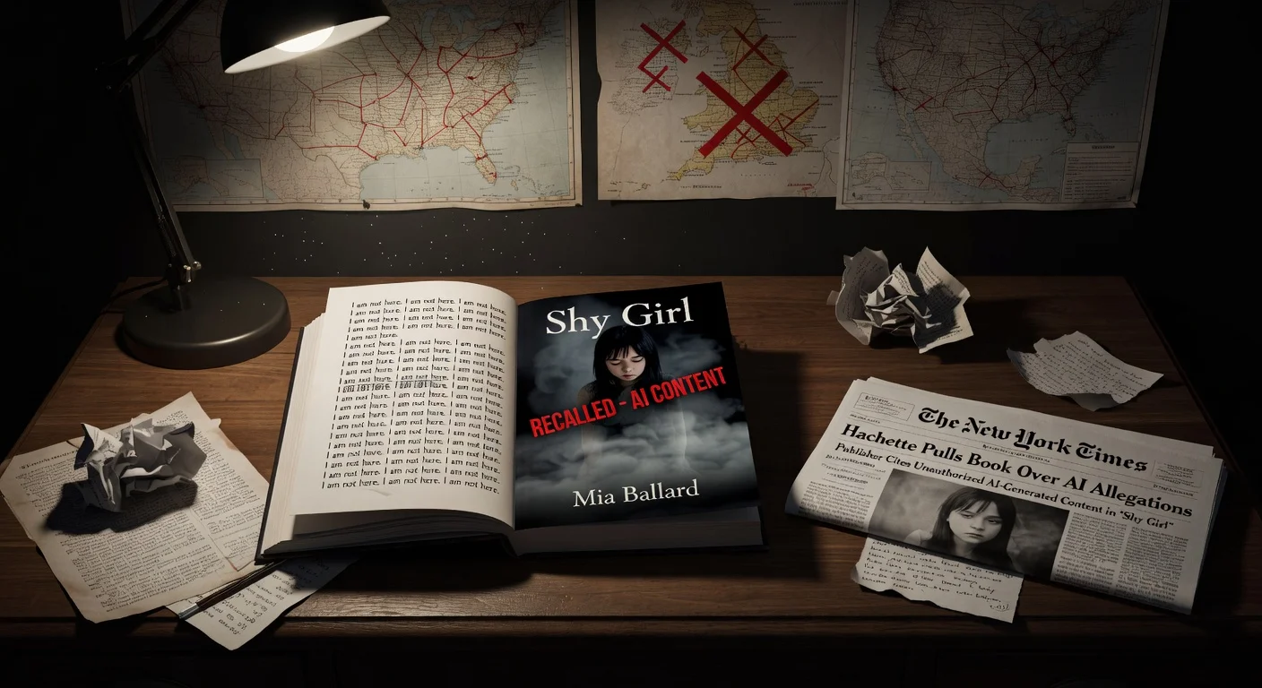 Realistic illustration of the 'Shy Girl' novel recalled by Hachette amid AI-generated content scandal, with glitchy pages and warning stamp.