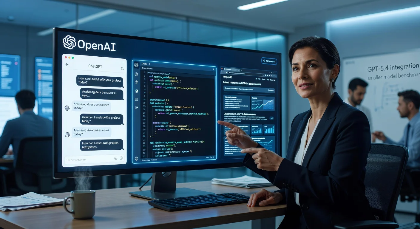 Illustration of OpenAI CEO Fidji Simo presenting the new desktop superapp integrating ChatGPT, Codex, and Atlas on a computer screen.