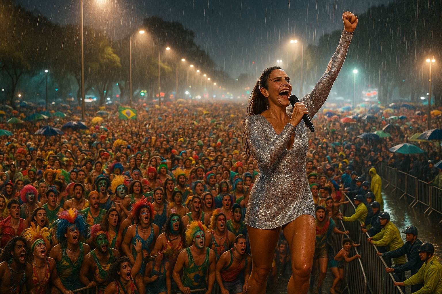 Vibrant photorealistic scene of 1.2 million revelers at São Paulo pre-Carnival bloc led by Ivete Sangalo near Ibirapuera Park, amid overcrowding and rain.