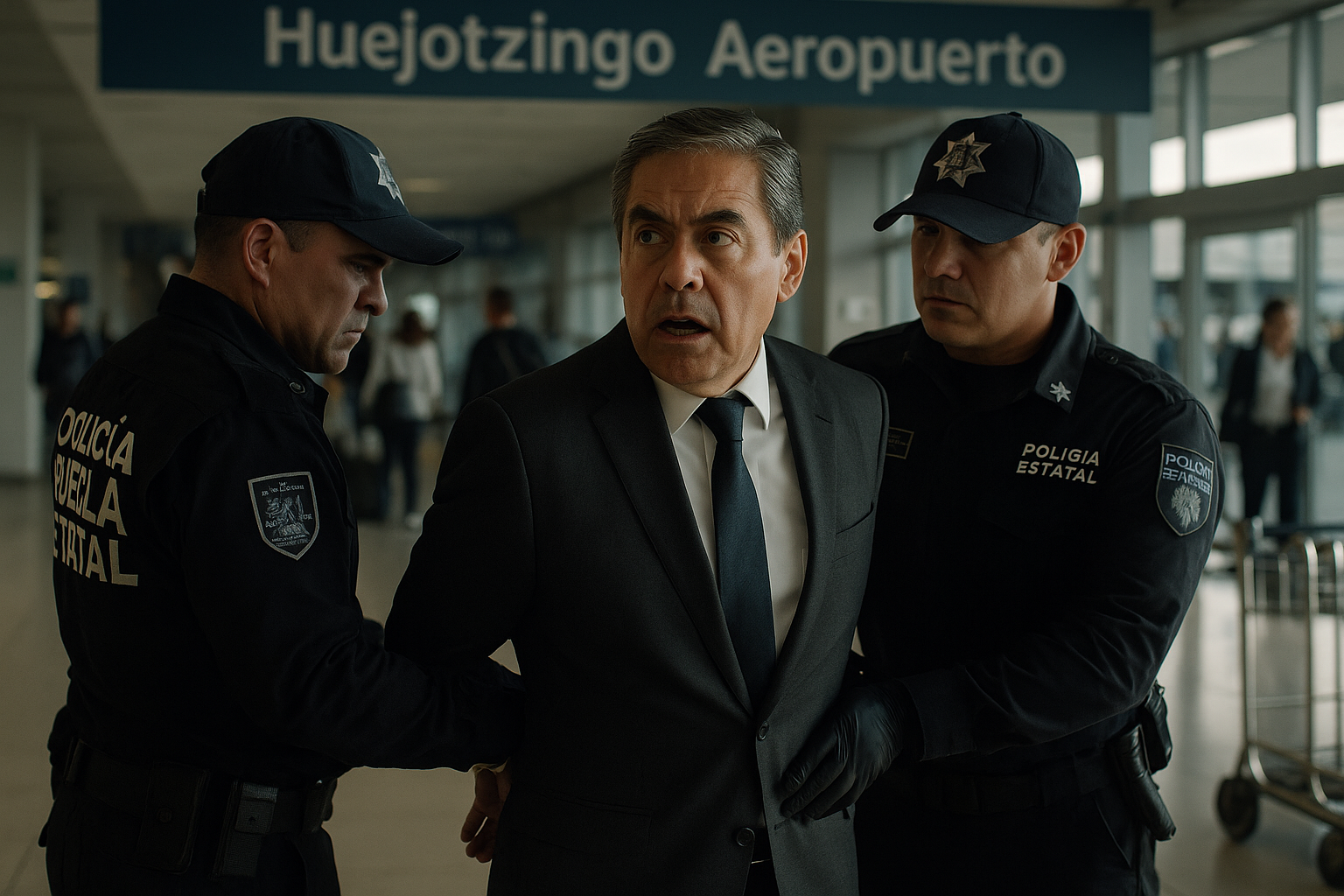 Illustration of Juan Pablo Kuri's detention by police at Huejotzingo Airport for alleged family violence charges.