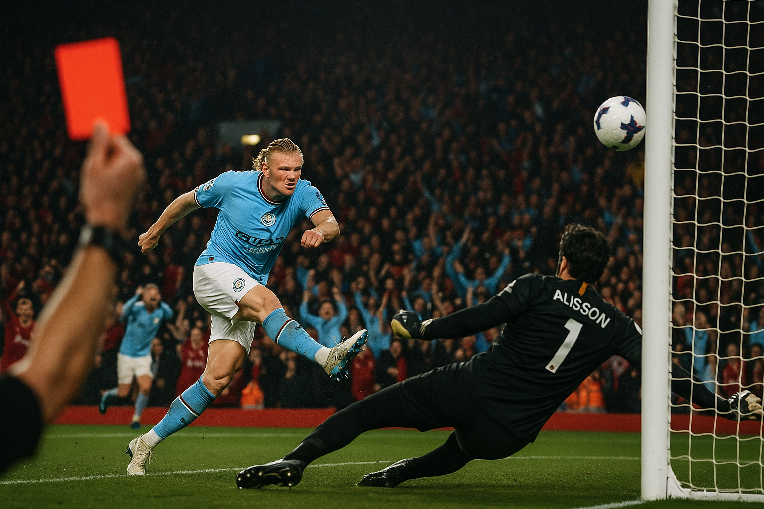 Erling Haaland scores the decisive stoppage-time penalty for Manchester City's 2-1 comeback win over Liverpool at Anfield.
