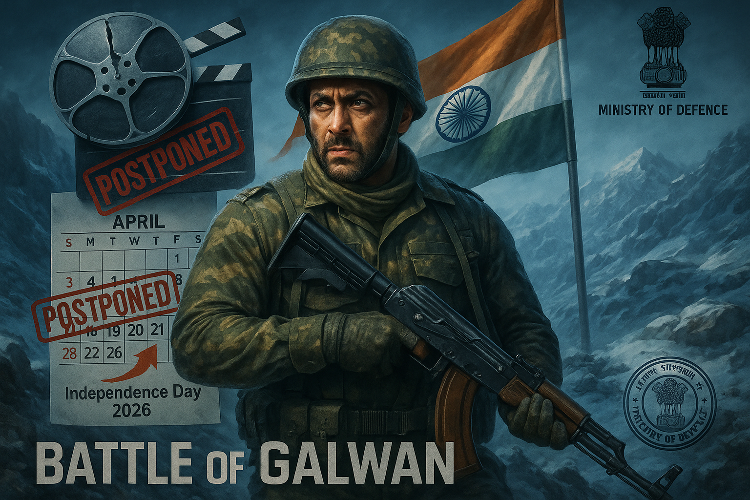 Illustration of Salman Khan in 'Battle of Galwan' with postponement graphics, showing soldier amid Himalayas and delay notices.