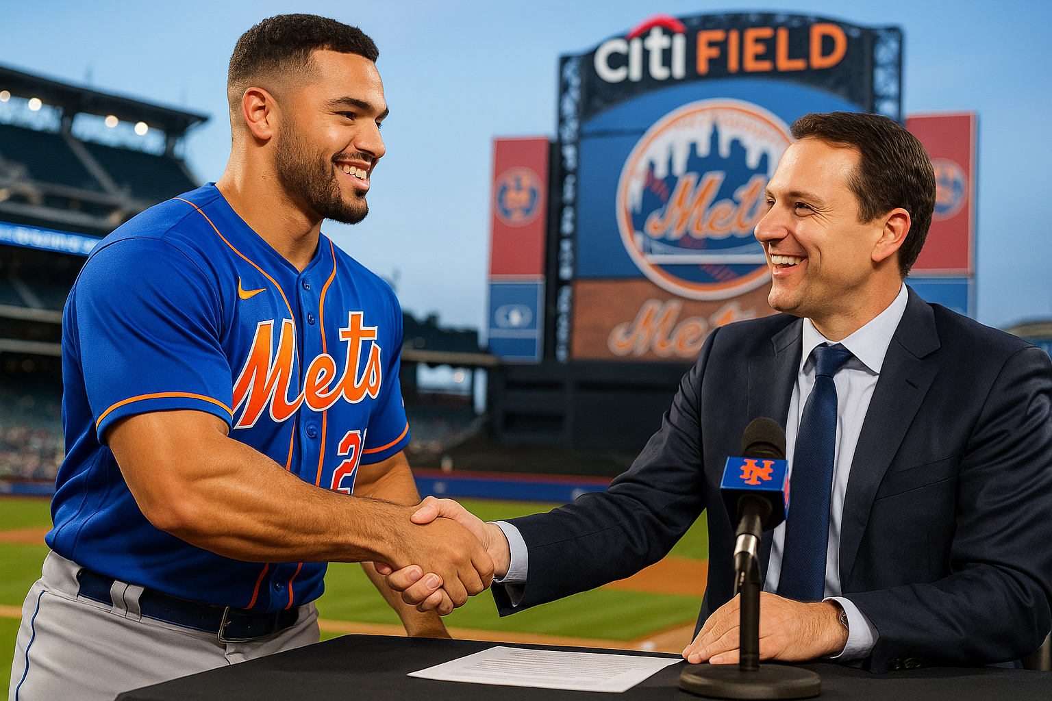 MJ Melendez shakes hands with Mets executive after signing one-year deal, Citi Field in background.