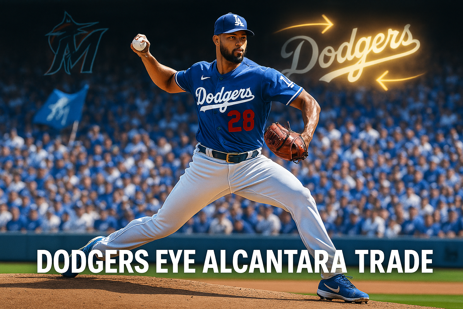 Sandy Alcantara in Dodgers uniform pitching on Dodger Stadium mound, illustrating potential Marlins trade speculation.