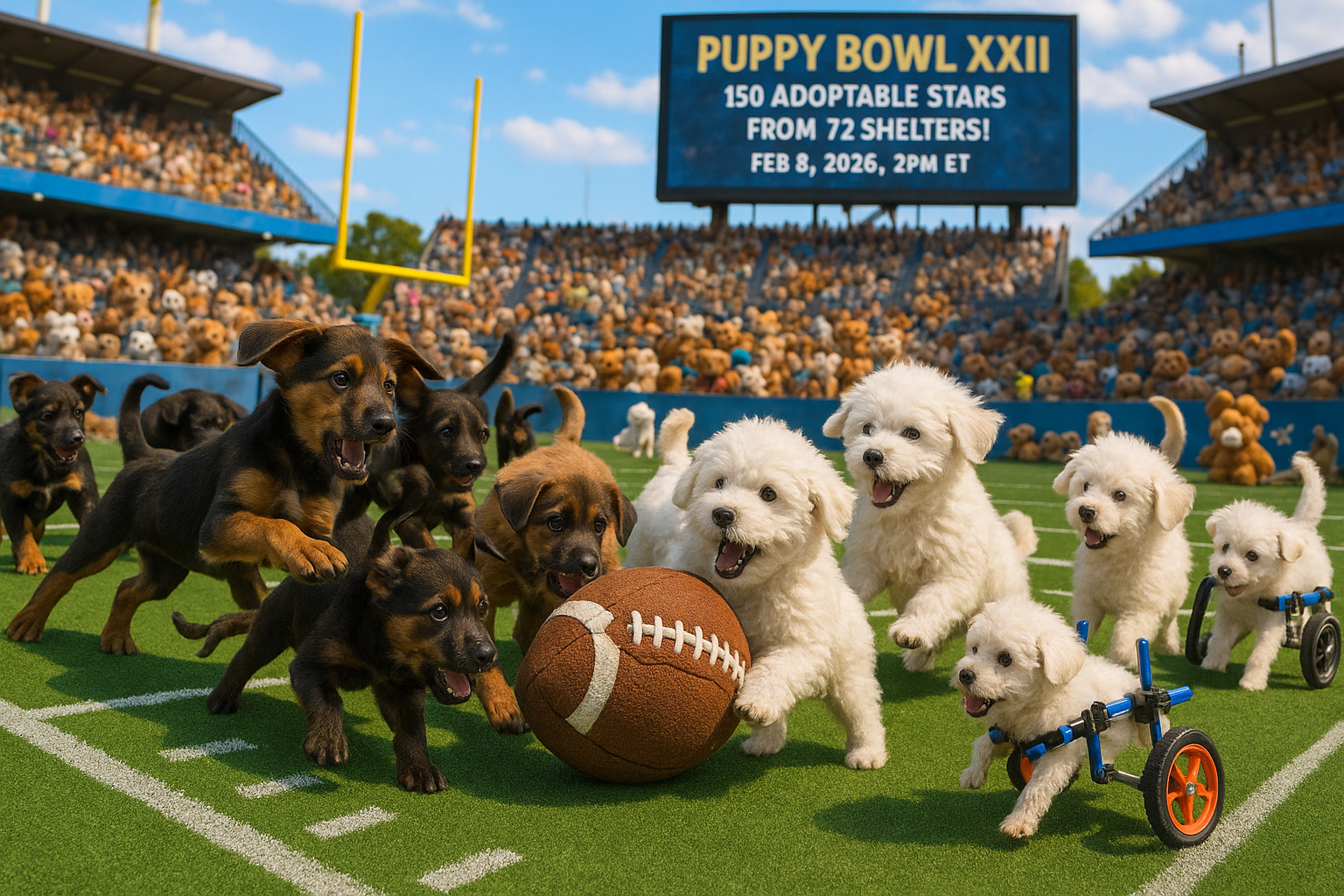 Realistic illustration of Puppy Bowl XXII puppies from Teams Ruff and Fluff playing football, featuring adoptable dogs including special needs pups, with event details in stadium background.