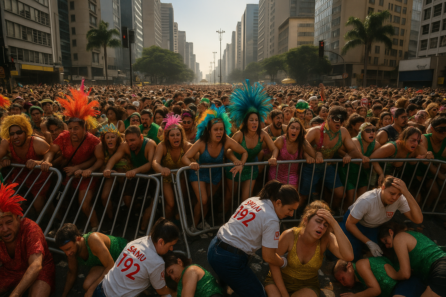 Chaotic scene of overcrowded São Paulo carnival revelers knocking down barriers on Rua da Consolação, with medics aiding the ill amid megablocos parades.
