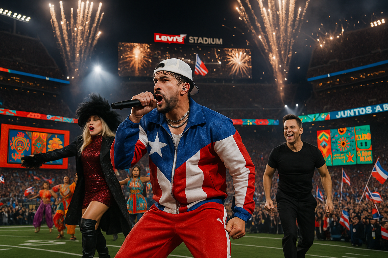 Bad Bunny performs historic all-Spanish Super Bowl LX halftime show with Lady Gaga and Ricky Martin at Levi’s Stadium.