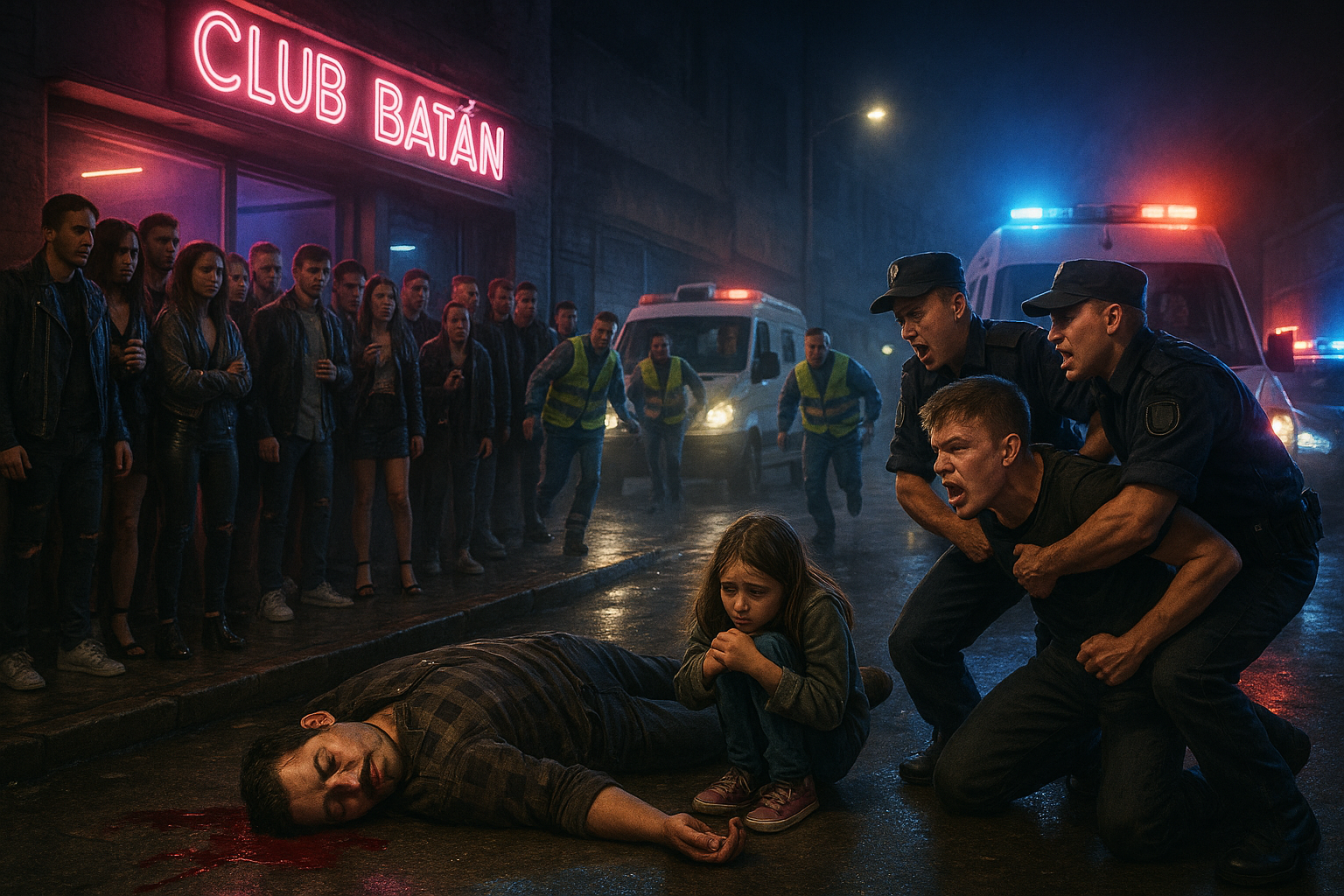 Illustration of fatal nightclub beating in Mar del Plata: injured man on ground, police detaining suspects, flashing lights and shocked crowd.