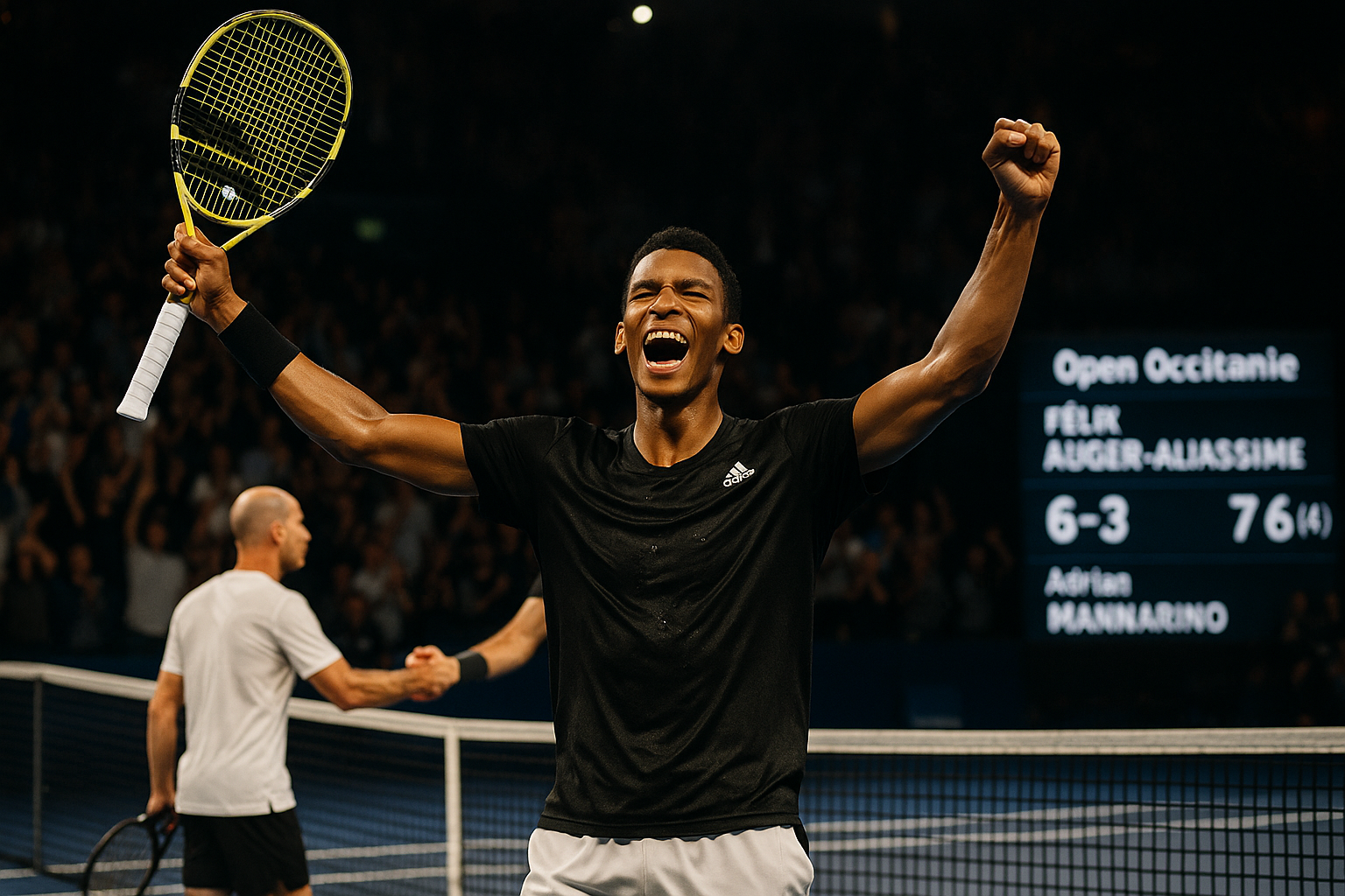Felix Auger-Aliassime celebrates defending his Montpellier ATP title after defeating Adrian Mannarino 6-3, 7-6(4).