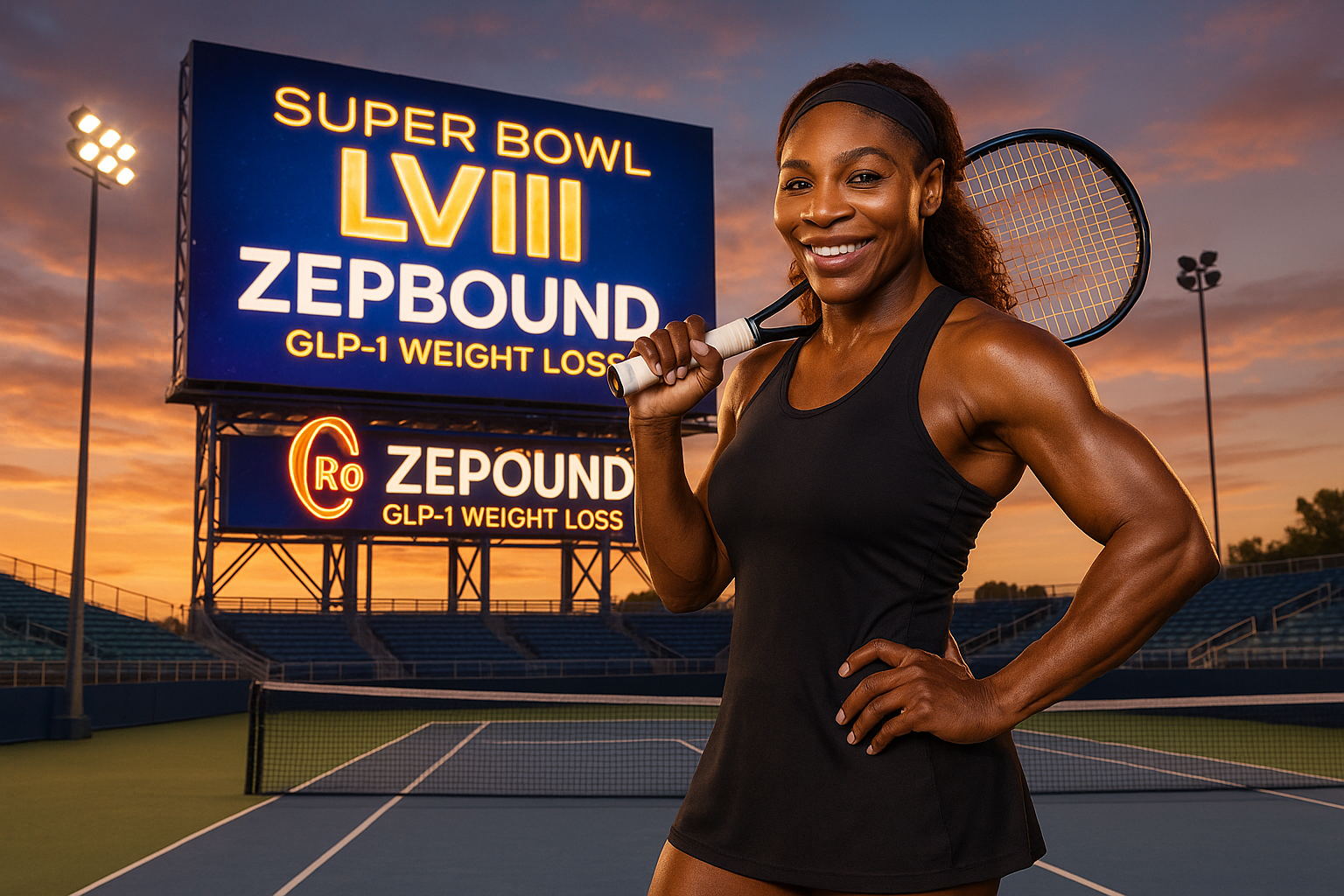 Serena Williams, fit and transformed, poses athletically with tennis racket against Super Bowl ad for Zepbound weight loss drug.