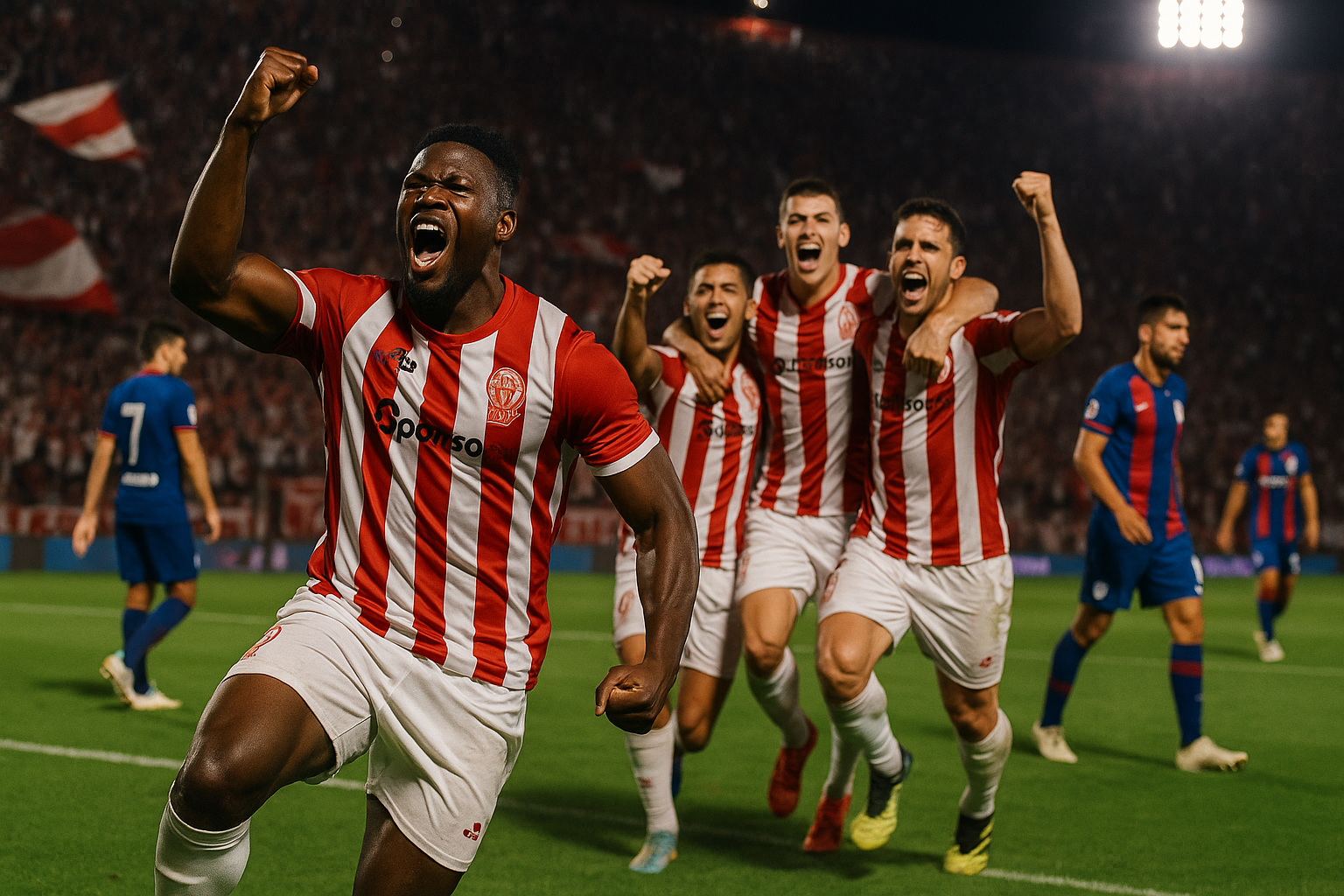 Huracán players celebrate their 1-0 win against San Lorenzo with Jordy Caicedo's goal at Estadio Tomás Adolfo Ducó.
