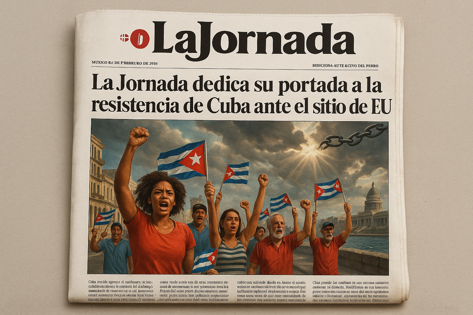 La Jornada newspaper front page illustration showcasing Cuba's resistance to the US energy blockade, with defiant Havana protesters and symbolic imagery.