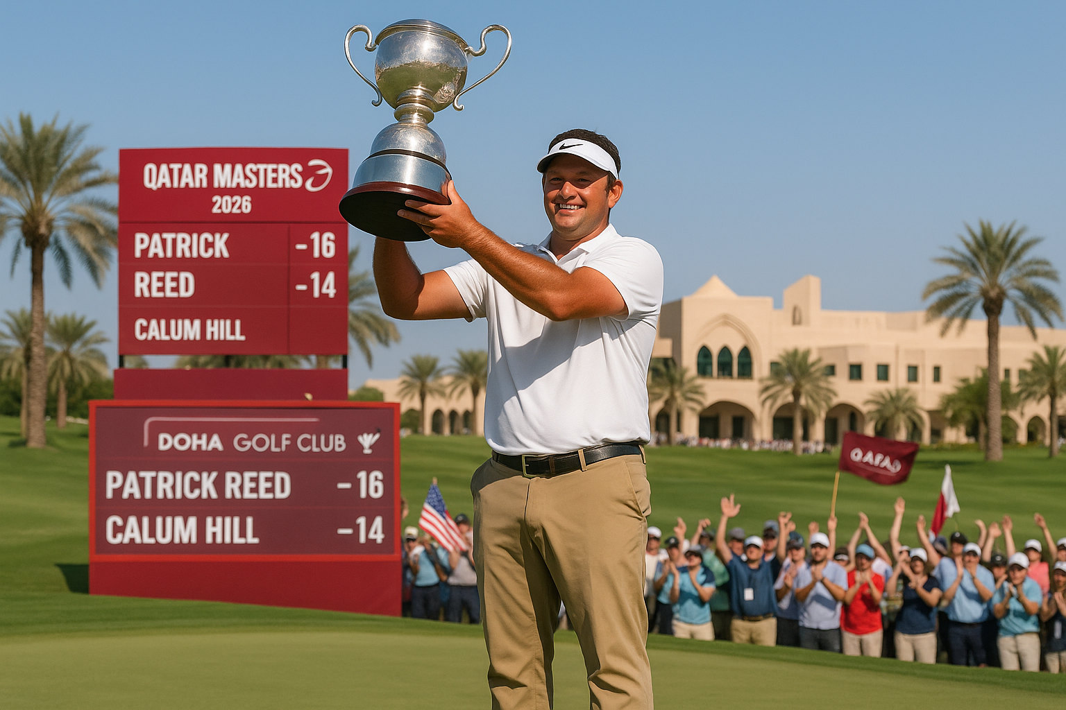 Patrick Reed celebrates winning the Qatar Masters golf tournament, holding the trophy on the 18th green with leaderboard showing his 16-under victory.