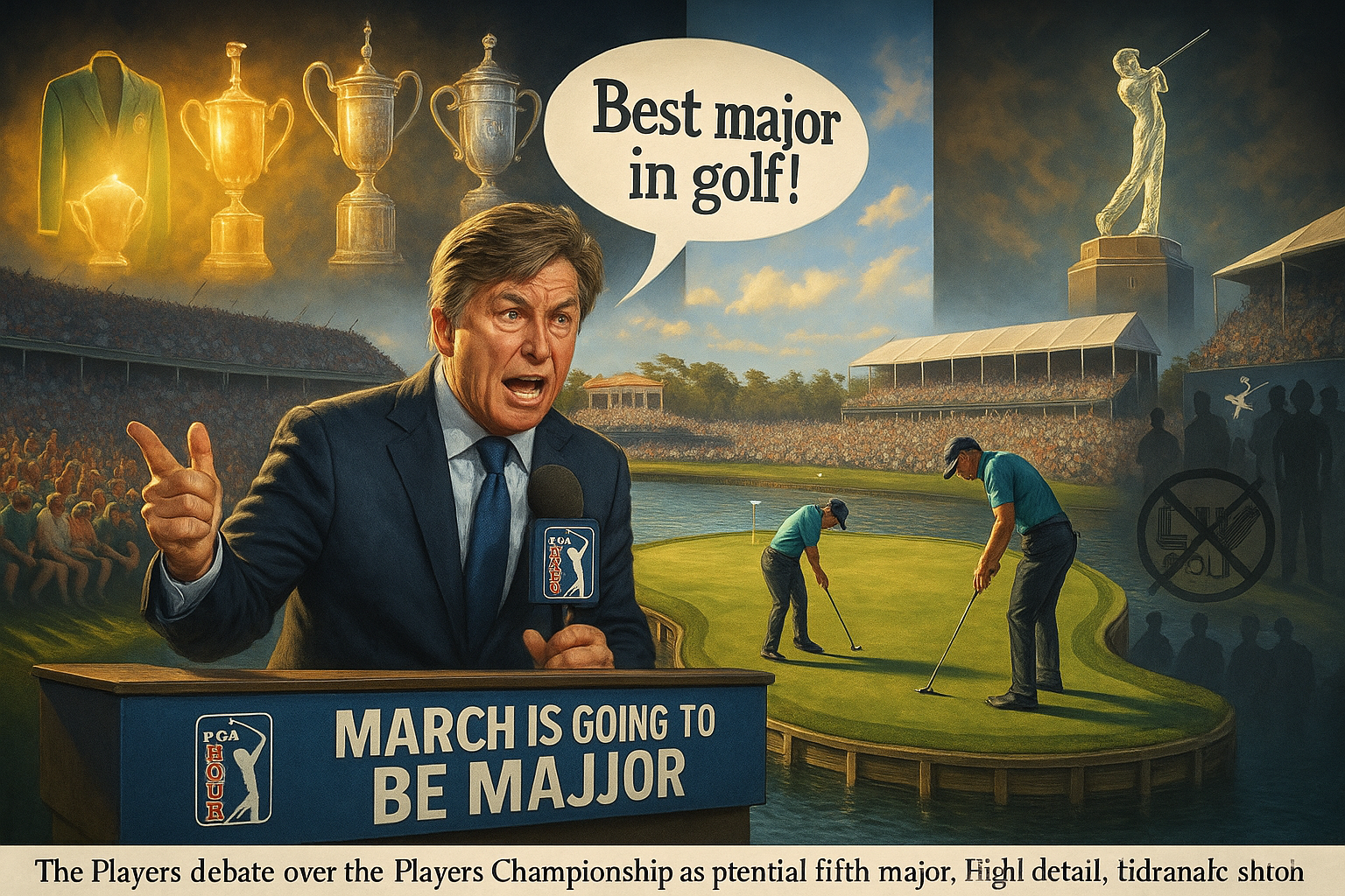 Photorealistic depiction of the Players Championship debate as golf's potential top major, showing TPC Sawgrass 17th hole, Brandel Chamblee, major trophies, and PGA vs. LIV tension.