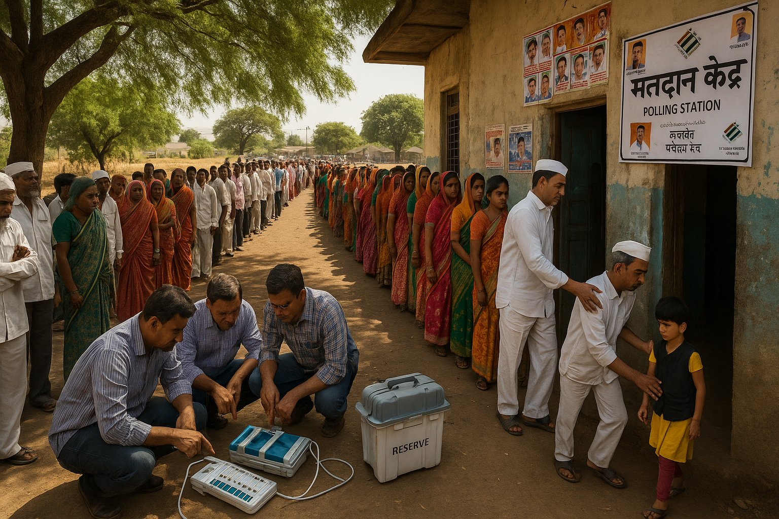 Crowded polling station in Maharashtra's zilla parishad elections, showing voter queues and controversy over reserve EVMs in Solapur.