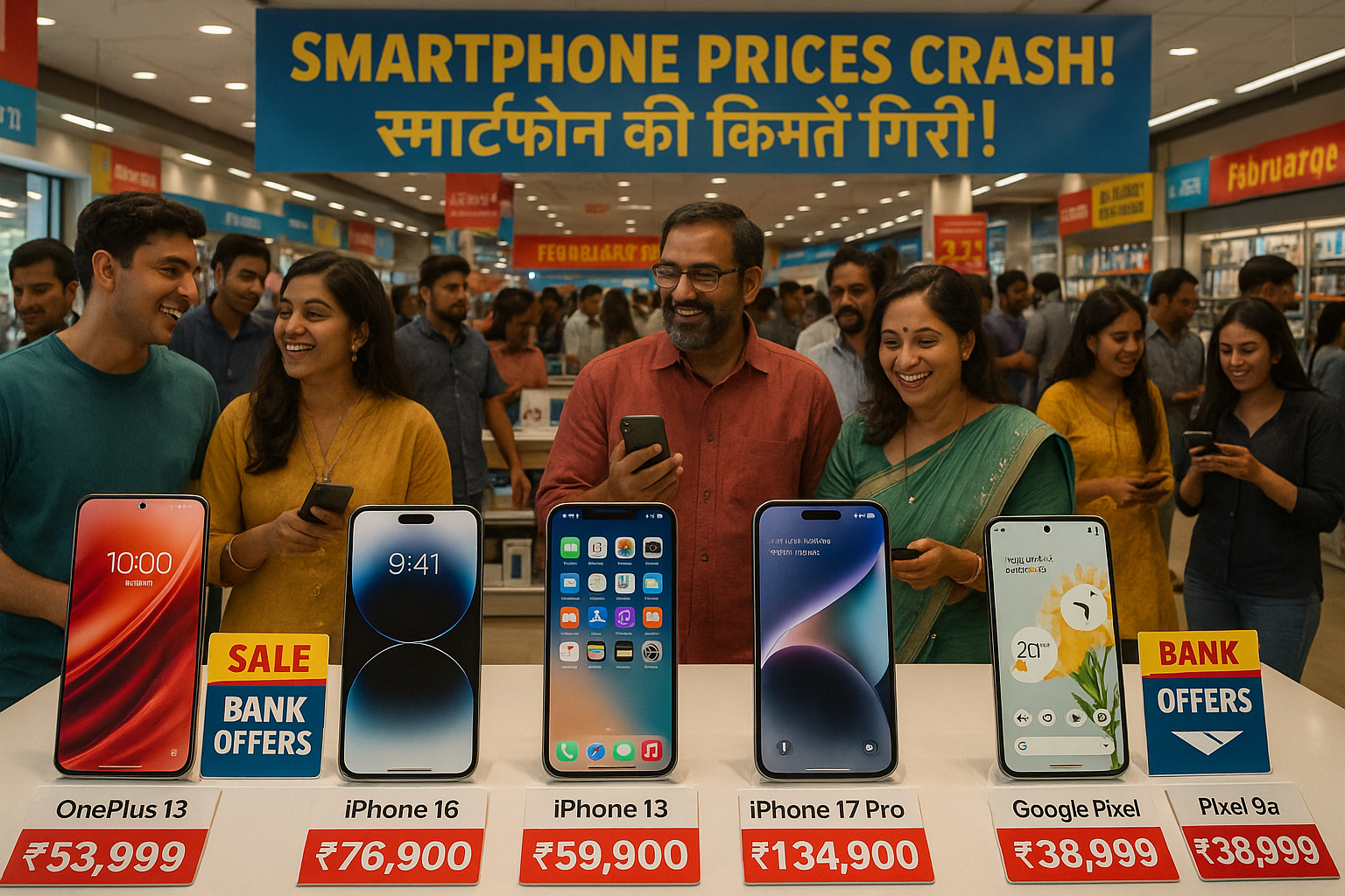 Busy Indian store showcasing deep discounts on premium smartphones like iPhone 16, OnePlus 13 amid thrilled shoppers and sale banners.