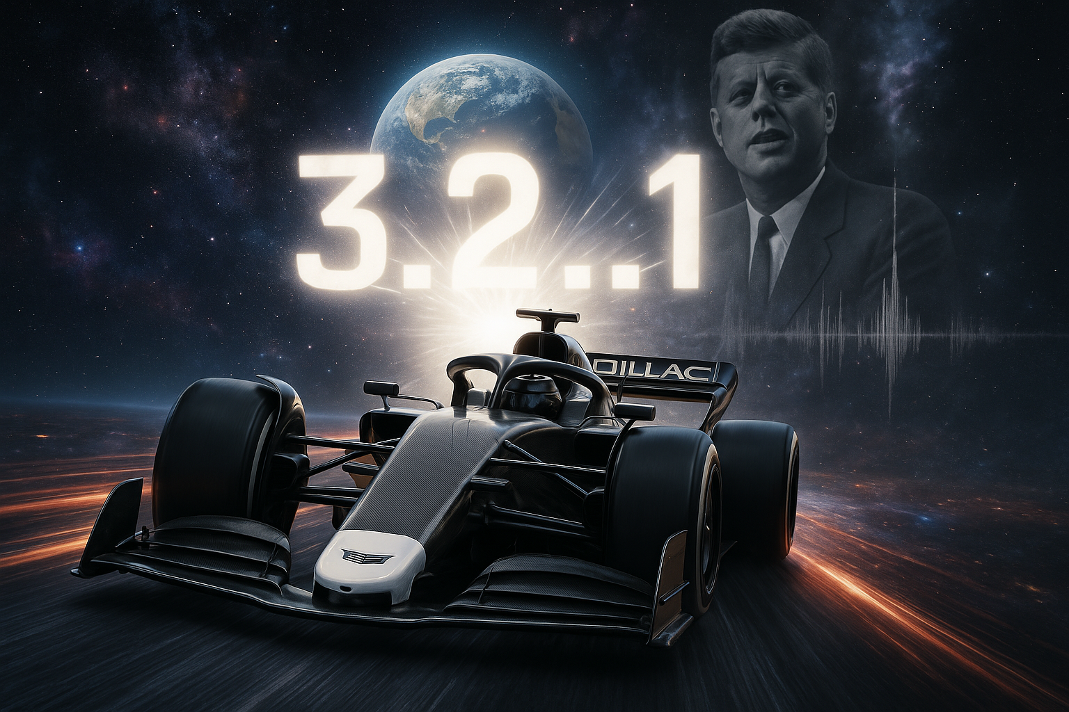 Cadillac's sleek black-and-white 2026 F1 car in space-themed Super Bowl ad with countdown and JFK moon speech overlay.