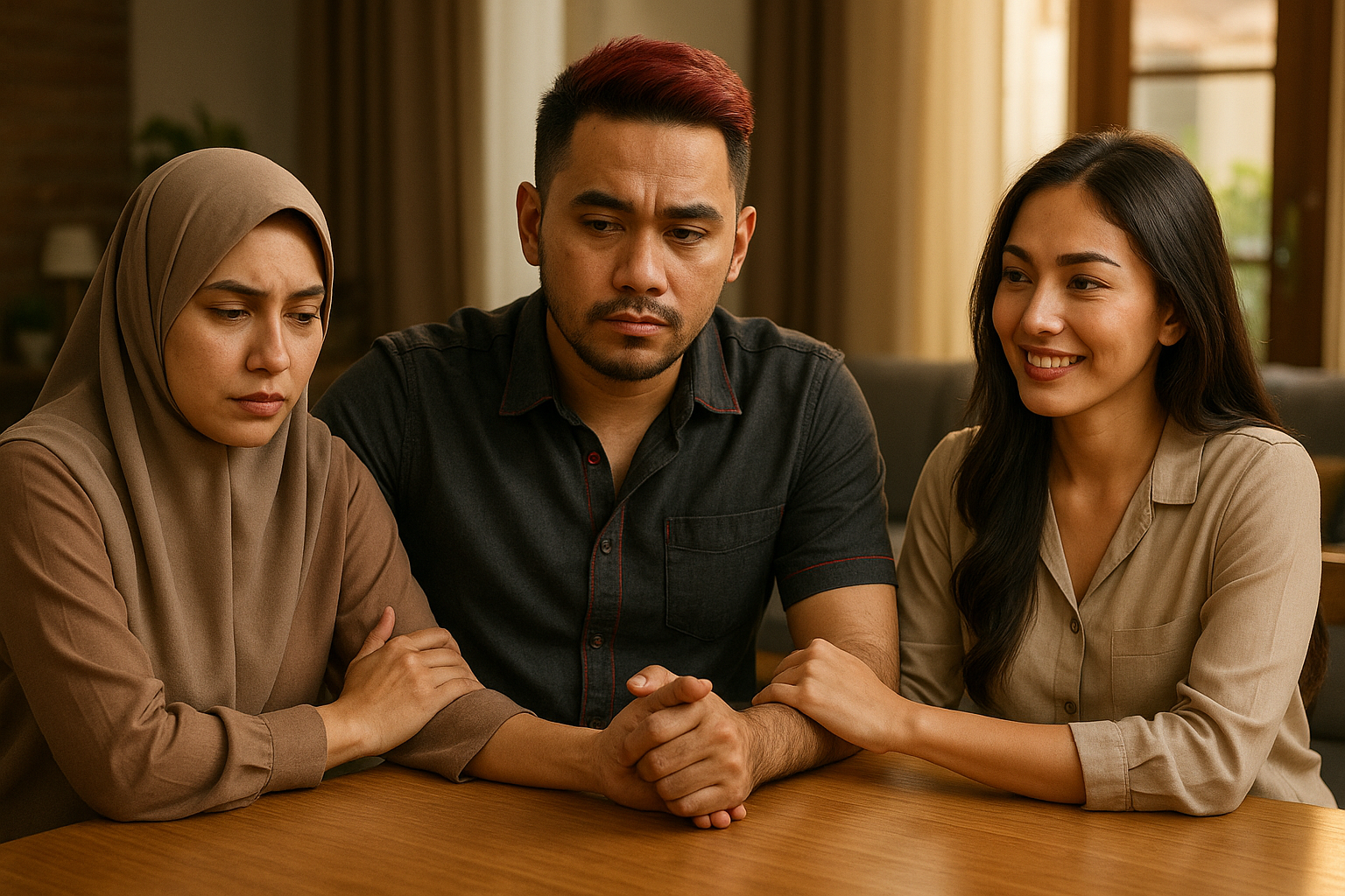 Pesulap Merah seated with his two wives in a candid moment symbolizing polygamy's challenges and communication.
